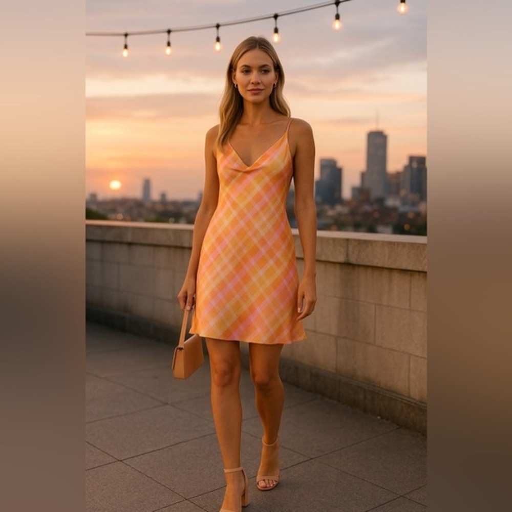 Peach Plaid Satin Mini Audrey Slip Dress | Y2K Inspired Festival Look NWT 6 1936